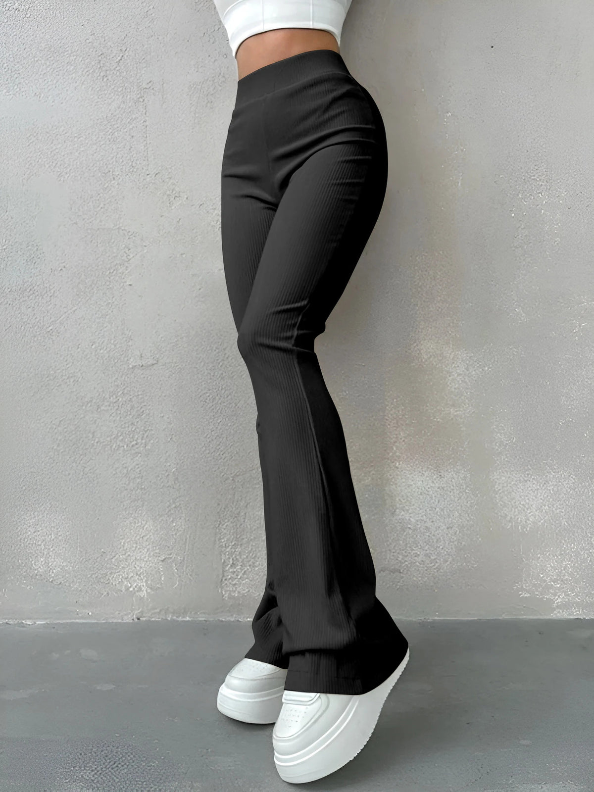 Women's Sexy Slim Pants Ribbed Solid Color Pants High Waisted Flared Pants Showing Longer Legs All-match Sports Long Pants