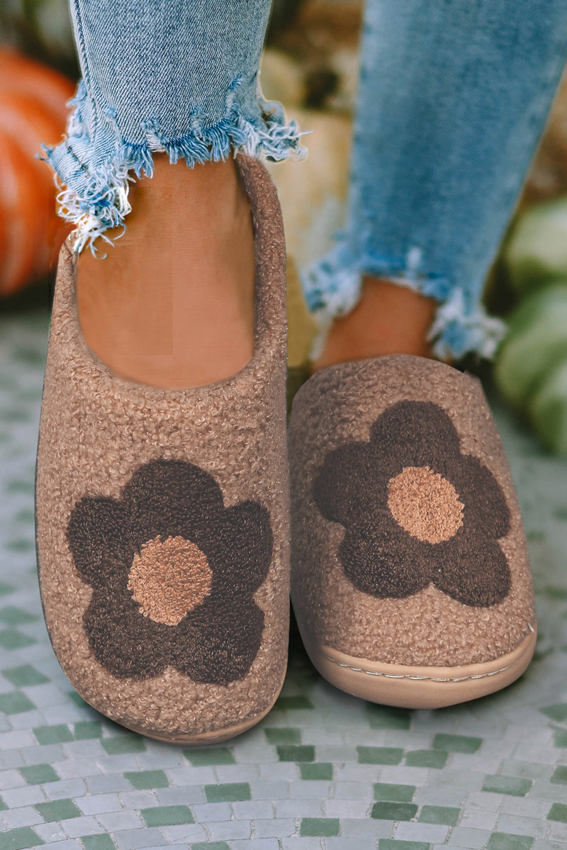 Camel Fuzzy Flower Pattern Homewear Slippers