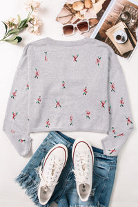 Gray Floral Cropped Sweater Cardigan