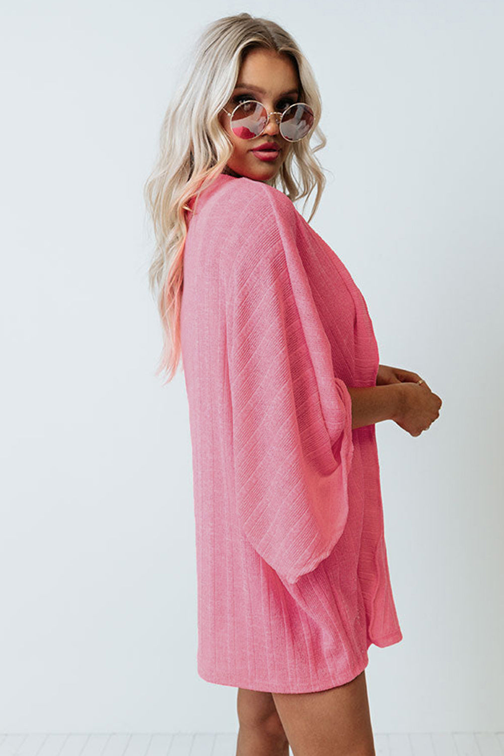 Pink Open Front Kimono Sleeves Knit Cardigan