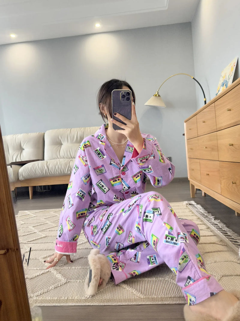 100% Cotton Pajamas for Women Loose Cartoon Long Sleeve Pants Loungewear Women 2 Piece Set Pj Women Outfit Sleepwear Set Pijamas