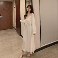 Long-Sleeved Princess Style Nightgown Loose Large Size Can Be Worn Outside the Home Wear Summer Women's Pajamas Lace White Korea