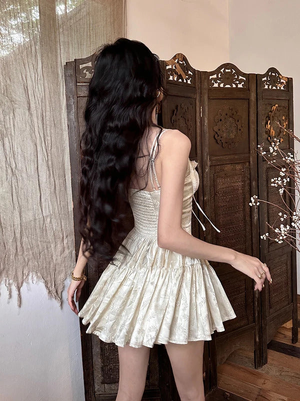 REDDACHiC Medieval Retro Satin Mini Dress Women Jacquard Floral Lace Trim Cami Rompers Going Out Summer Party Desire One-piece