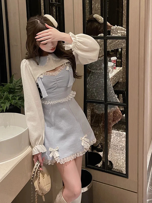 Lace Japanese Sweet Lolita Dress Women Bow Pink Kawaii Party Mini Dresses Female Blue Princess Korean Fashion Dresse Winter 2024