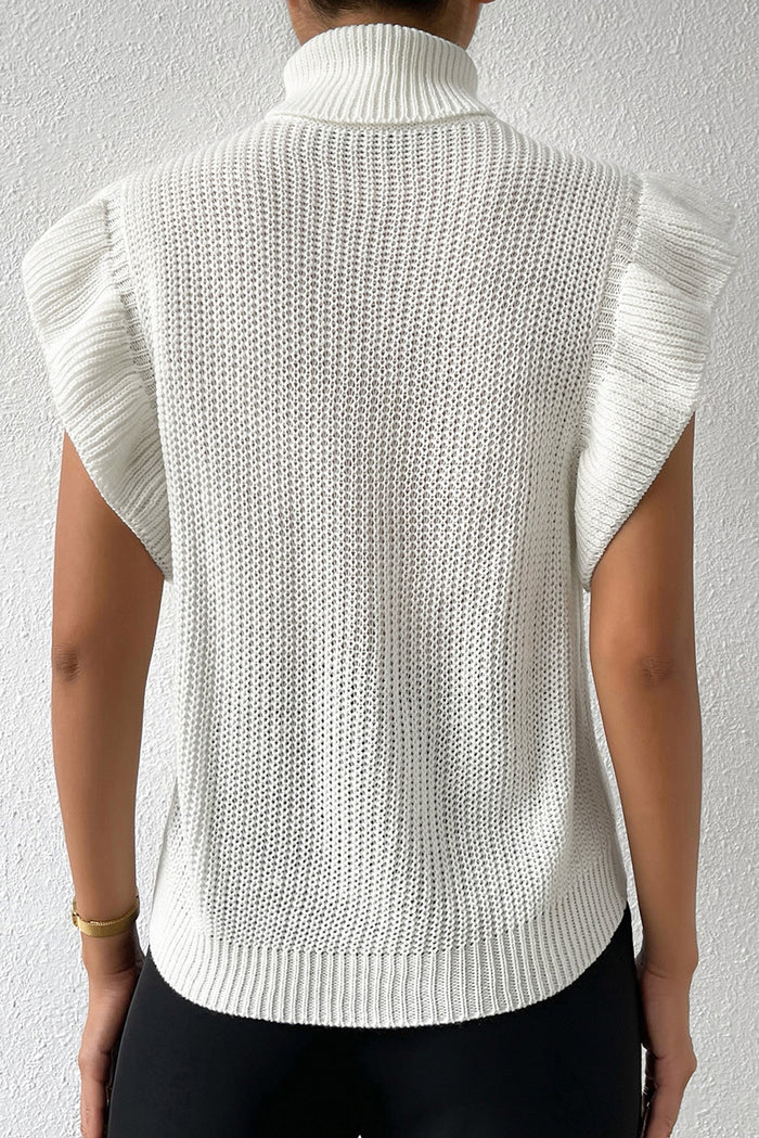 White Turtle Neck Short Sleeve Cable Knit Ruffled Sweater