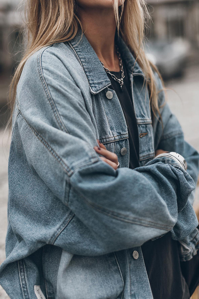 Black Metal Buttons Flap Pocket Drop Shoulder Denim Jacket