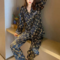 Large Size Pajamas Women Printed Girl Home Wear Two-Piece Cardigan Long-Sleeved Simple Wearable Ladies Sleepwear Loungewear