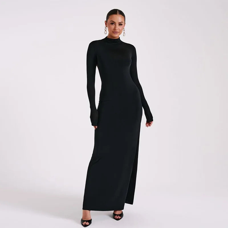 Tossy Black Backless Slim Long Dress For Women High Split Fashion Long Sleeve Patchwork Party Dress Ladies Elegant Maxi Dress