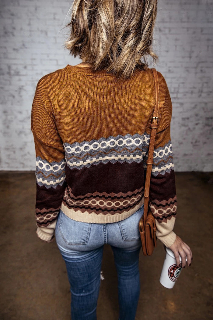 Brown Printed Crew Neck Knit Sweater