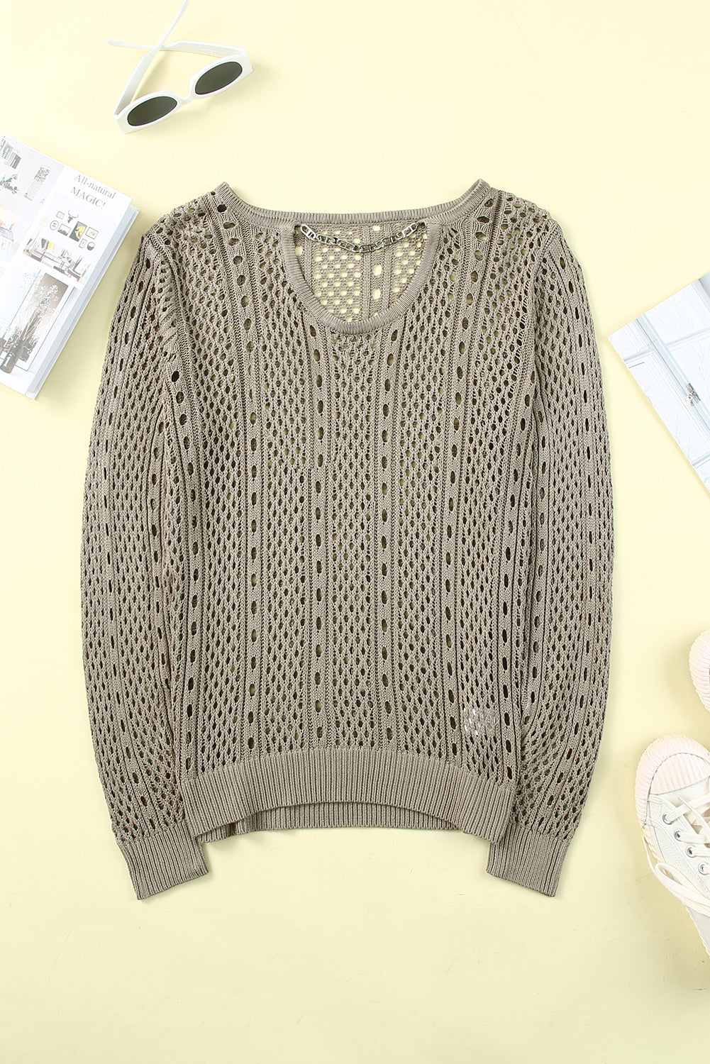 Khaki Hollow-out Chain Neckline Knit Sweater