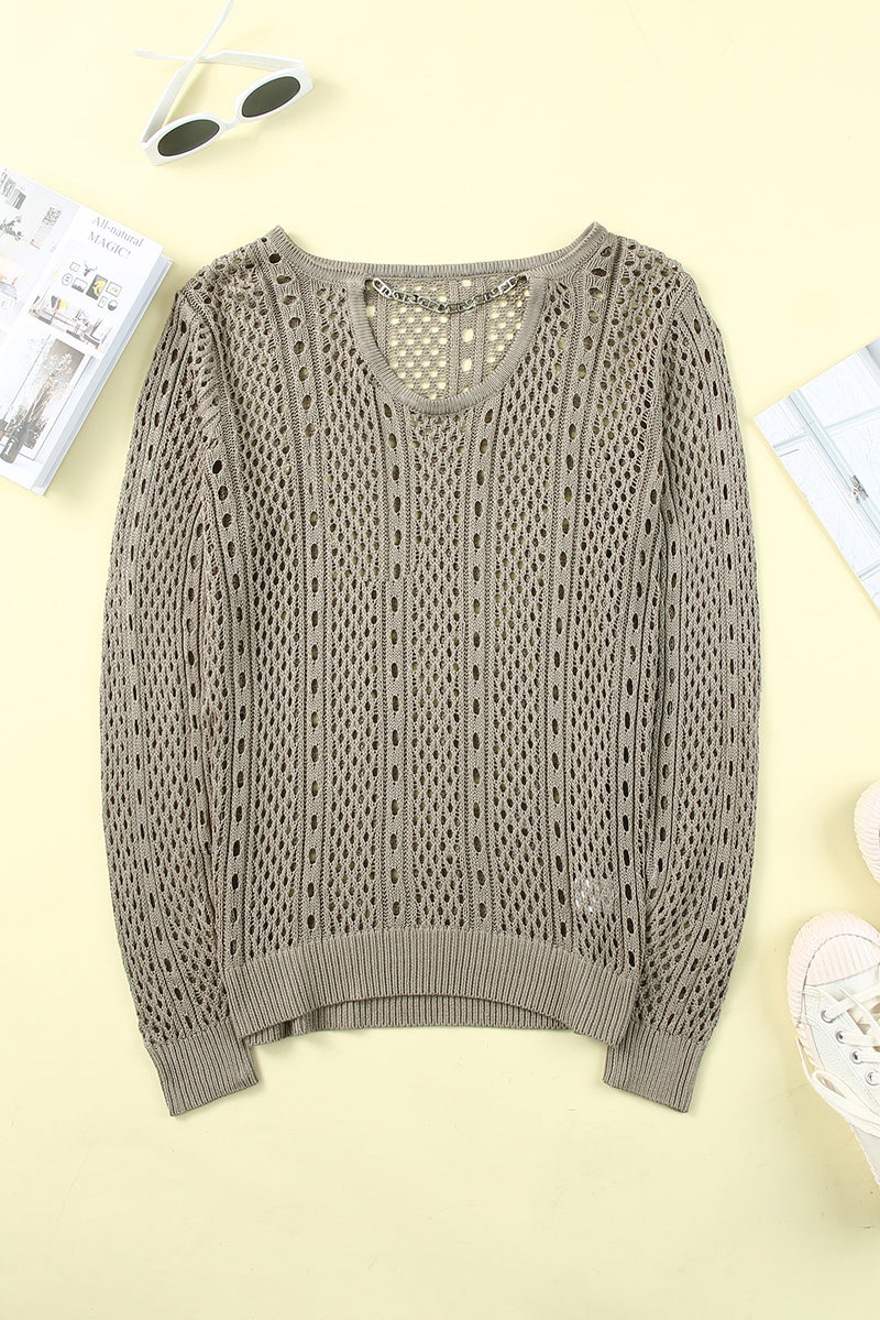 Khaki Hollow-out Chain Neckline Knit Sweater