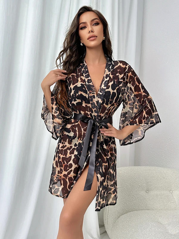 Leopard Kimono Belt Bath Robe Bridesmaid Wedding Party Long Sleeve Lingerie Sexy Nightwear Nesh Women's Sleepwear