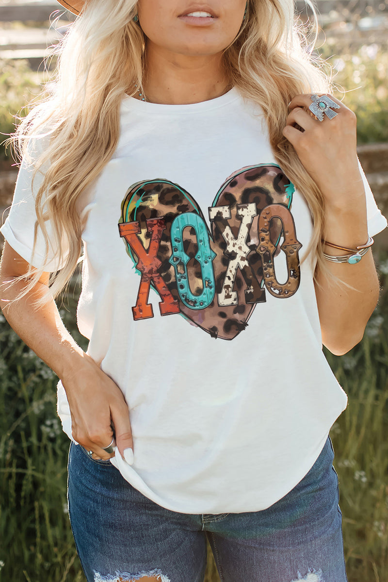 White XOXO Heart Shaped Crew Neck Graphic Tee