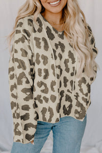 Leopard Drawstring Hooded Pullover Sweater