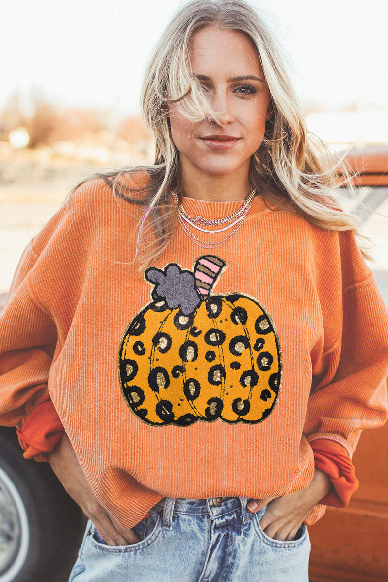 Orange Halloween Leopard Pumpkin Patchwork Ribbed Sweatshirt