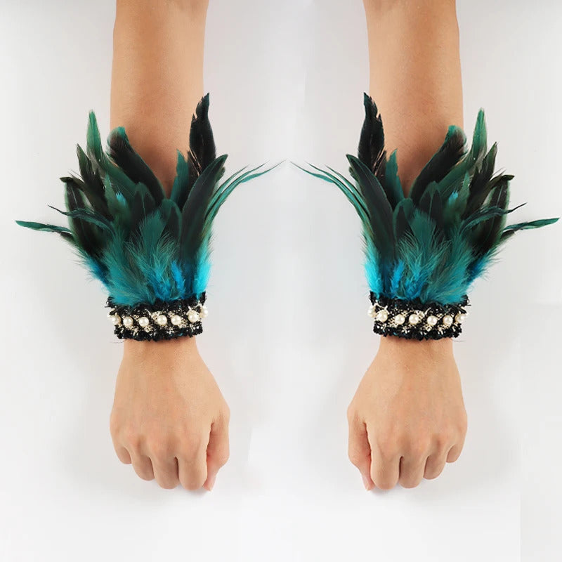 Gothic Rooster Feather Wrist Cuffs Natural Dyed Feather Arm Warmers Halloween Cosplay Party Rave Stage Performance Accessories