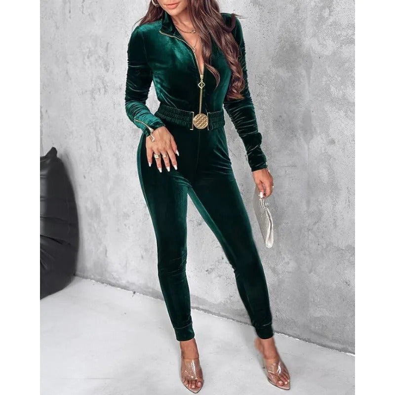 Mandylandy Sexy Bodycon Jumpsuits Women Velvet Zipper Design Sheath Jumpsuits Ruched Long Sleeve Jumpsuit with Elastic Waistbelt