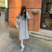 Long Hood Sweater Dress Women Autumn and Winter Fleece-lined Thickened Pullover Small Loose Mid-Length over-the-Knee Dress