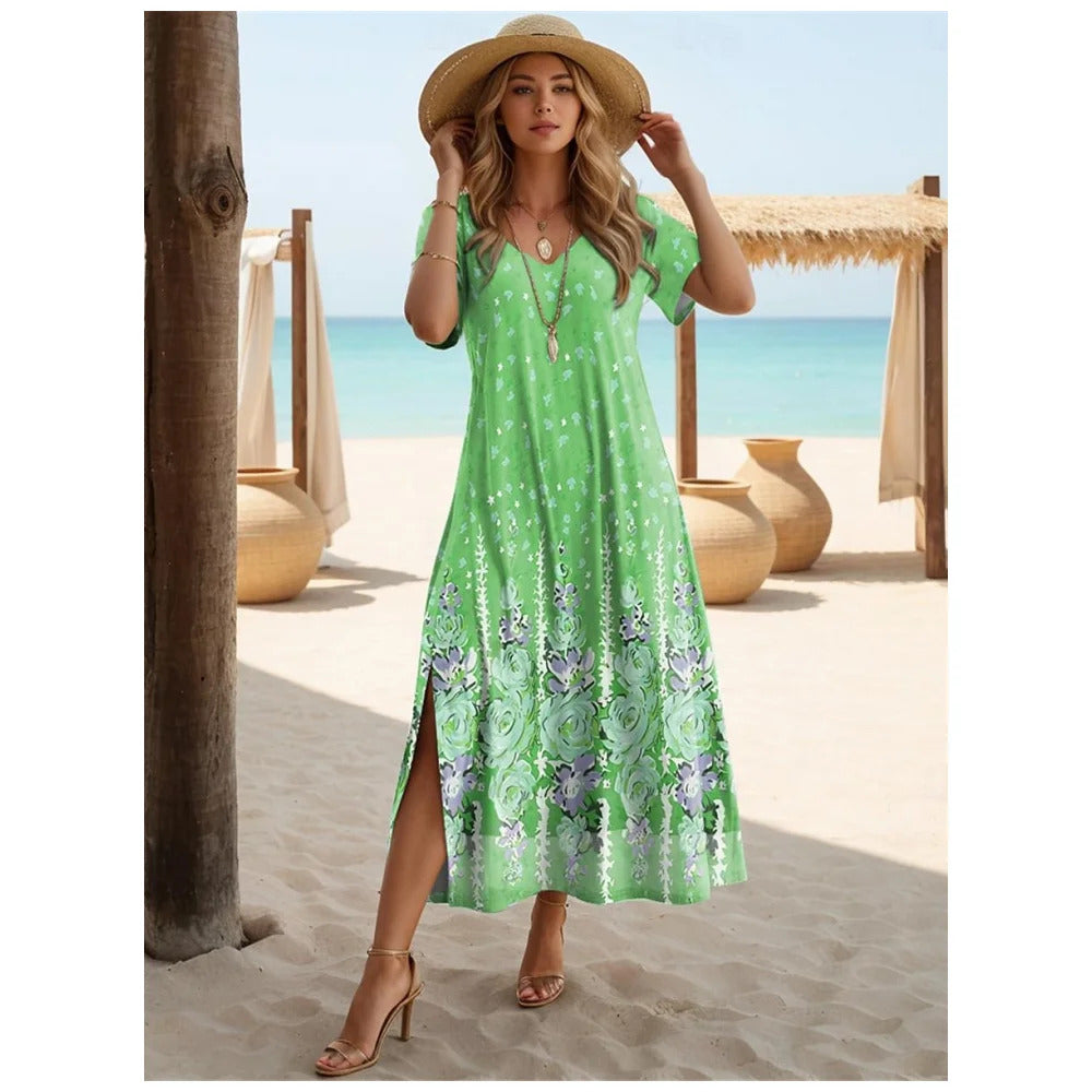 Elegant Dresses For Women Holiday V-Neck Long Dress 3d Vintage Flowers Print Short Sleeve Slit Skirt Summer New Beach Dresses