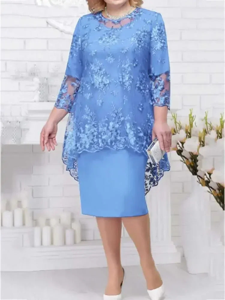 2023 Women Plus Size Dress O-neck Midi Loose Dress M-5XL Lady Evening Lace Mesh Sexy Elegant Dress Female Clothing Summer Autumn