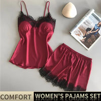 Women Satin European and American Ice Silk Pajama Suit V-Neck Lace Seamless Sexy Lingerie Homewear Pyjamas Shorts Sets Sleepwear