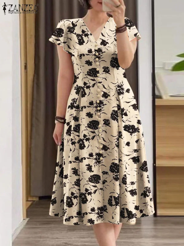 ZANZEA Ruffle Sleeve V Neck Party Sundress Casual Women 2024 Summer Cinch Waist A-line Vestidos Floral Print Fashion Midi Dress