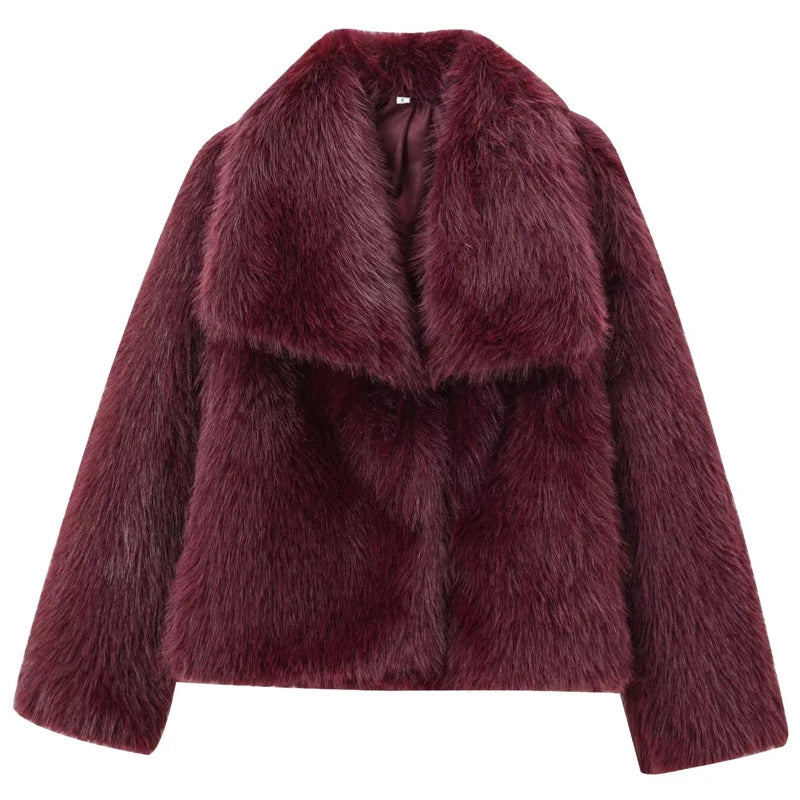 HXAO Women's Fur Coat Women 2024 Plush Burgundy Bomber Jacket Solid Crop Long Sleeve Jacket Warm Winter Coats Woman Casual Coats