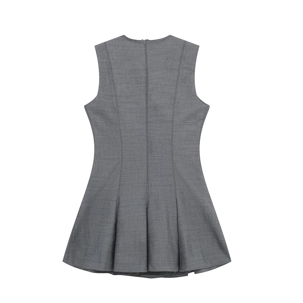 Gray Skater Dress Summer Clothes For Women New In Dresses 2024 Fashion Round Neck Sleeveless Pleated Hem Casual Mini Dress