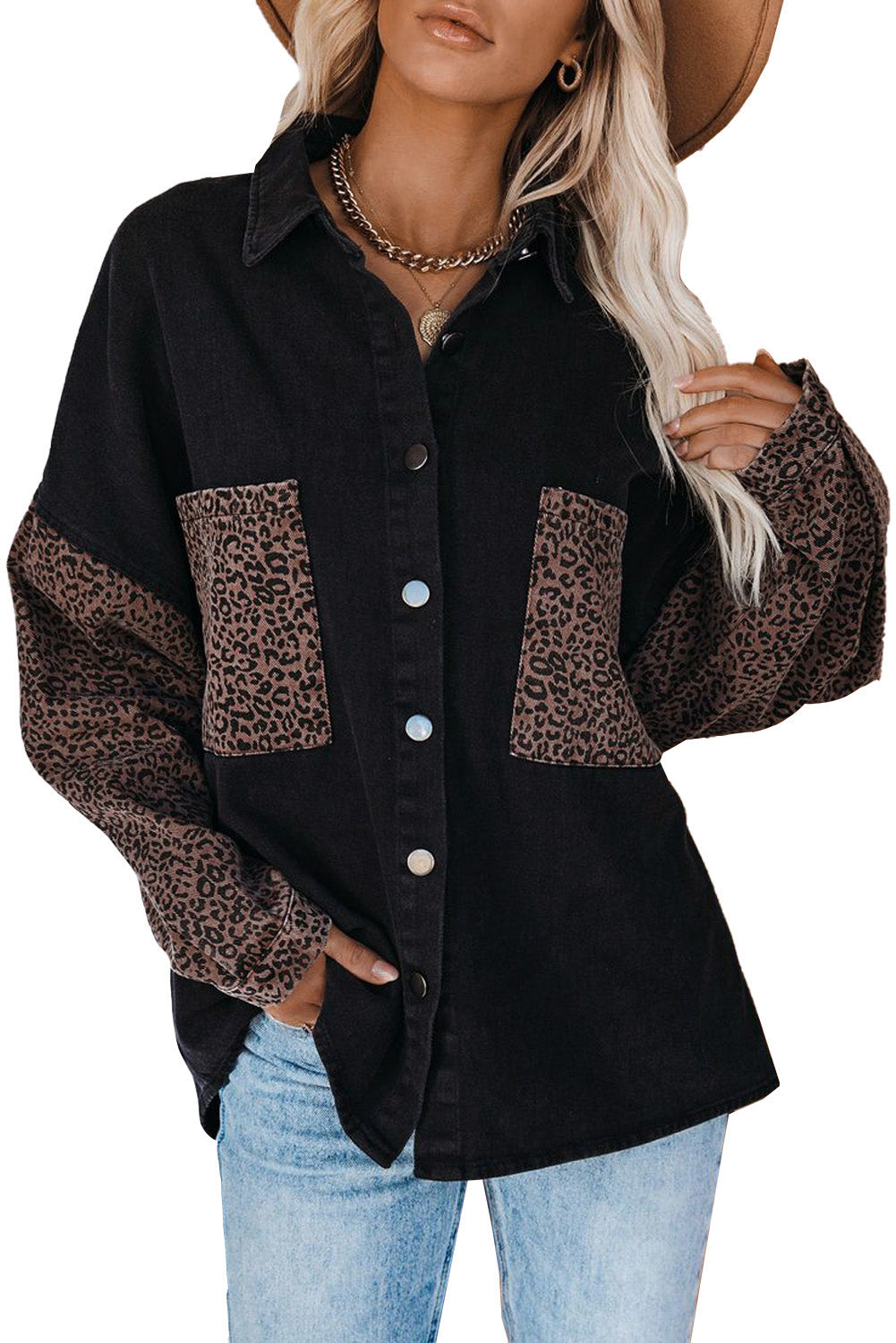 White Contrast Leopard Denim Jacket