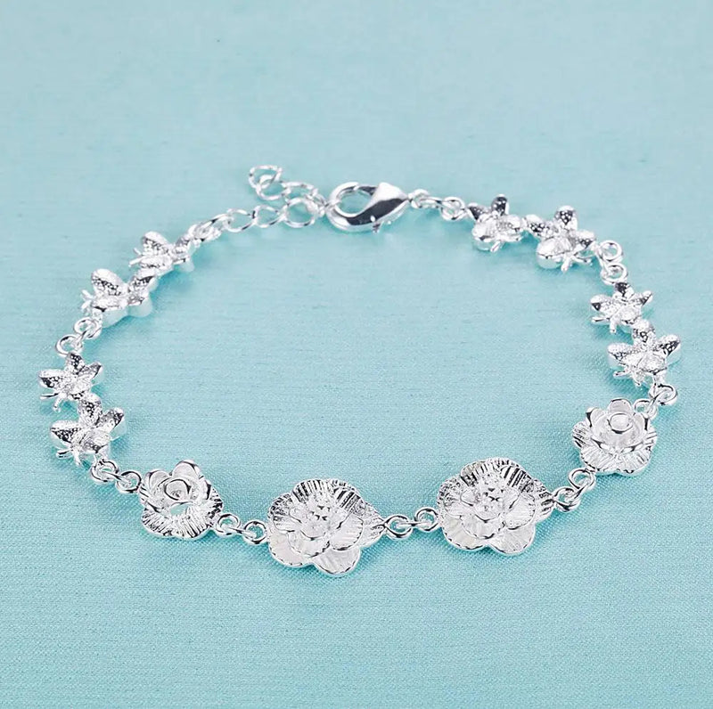 925 Sterling Silver Rose Flowe Bracelet Nice Snake Chain High Quality For Women Men Fashion Jewelry Wedding Engagement Party