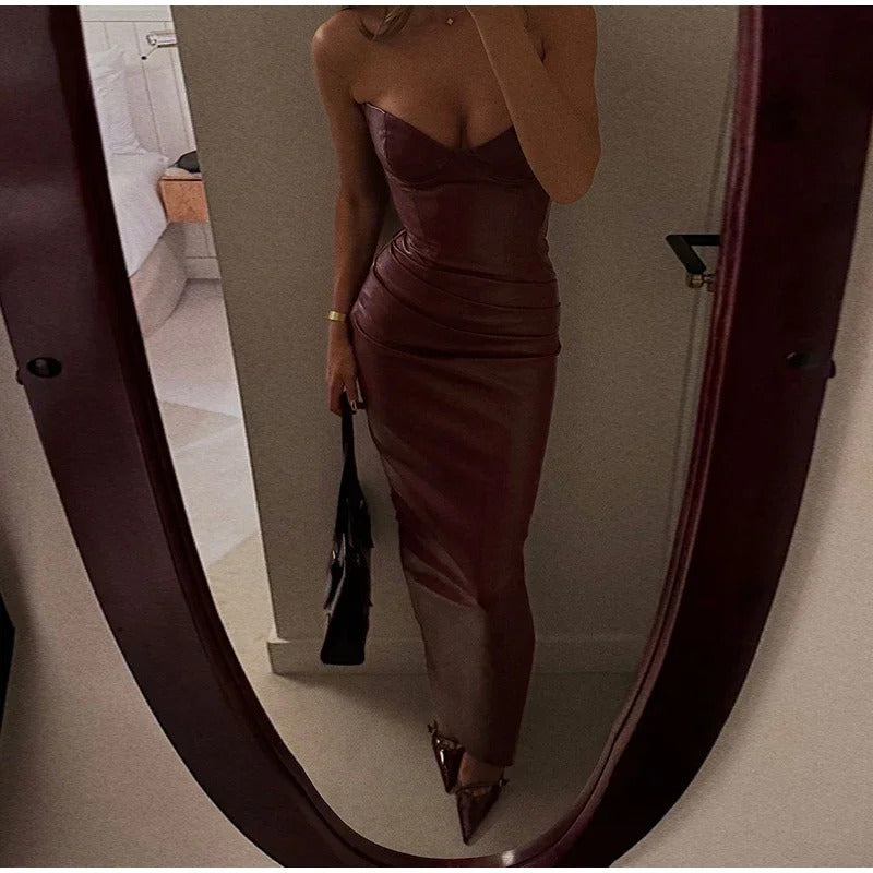 Sexy Burgundy Pu Leather Maxi Dresses Women Strapless Backless Bandage Sleeveless Pleated Hip Package Party Dress New Split Robe