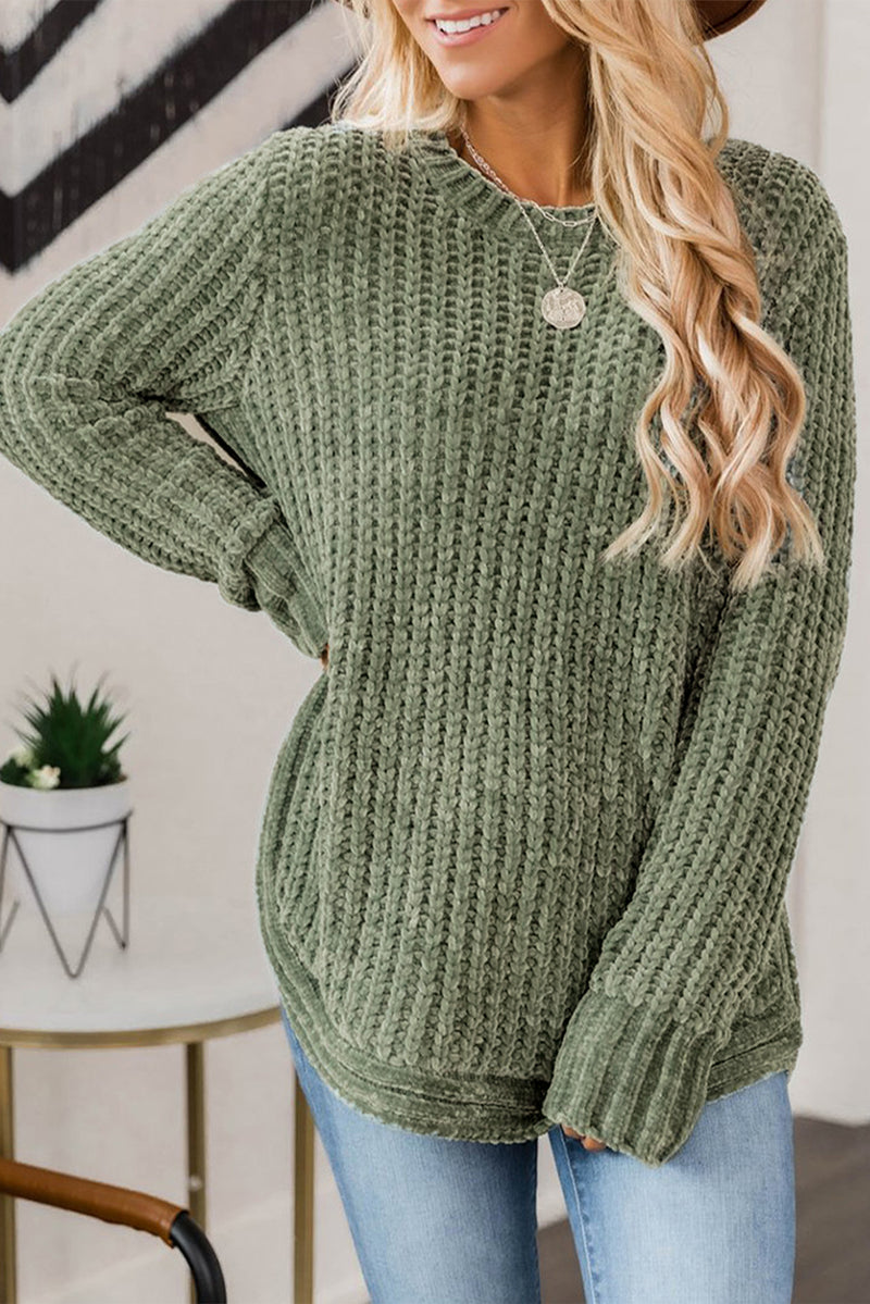 Green Long Sleeve Round Hem Cable Knit Sweater