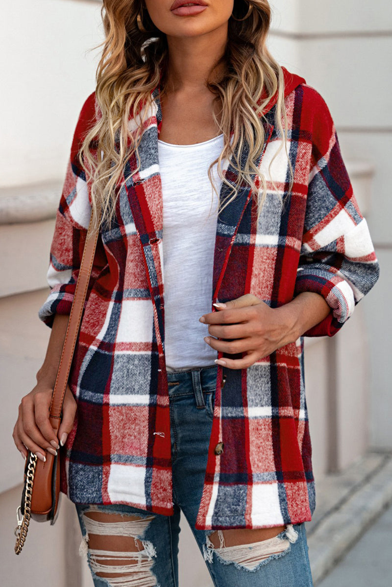 Green Hooded Plaid Button Front Shacket