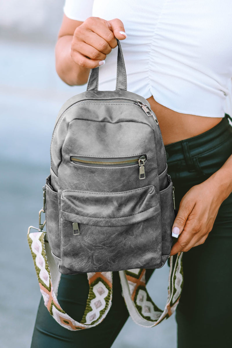 Gray Double Zipper Faux Leather Backpack