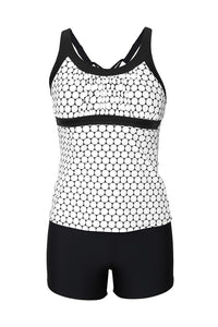 Black Monochrome Geometry Print Sporty Tankini Swimsuit