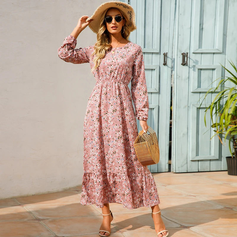 Women Maxi Dresses Sping Autumn Bohemian Casual Full Sleeve High Waist Beach Woman Chiffon Dresses Floral Vestidoes Long Dress