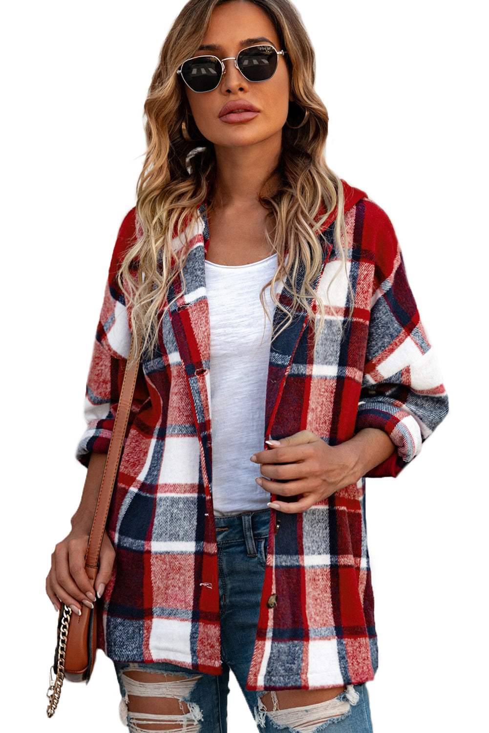 Green Hooded Plaid Button Front Shacket