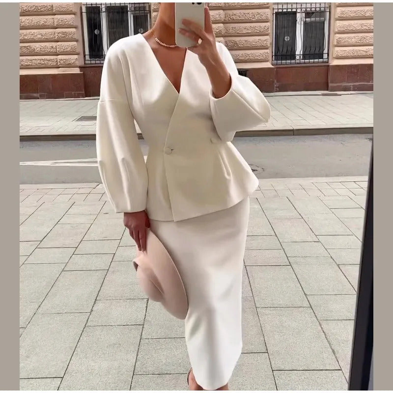 Elegant Puff Sleeve Slim Fit High Waist Women Coat Skirt Sets Fashion V Neck Solid Button Lady 2 Piece Set 2024 Chic Street Wear