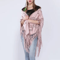 Women's Loose Suede Fringe Open Poncho Cloak Shawl Wrap with Punch Hole Patterns and Graceful Fringes Dropshipping