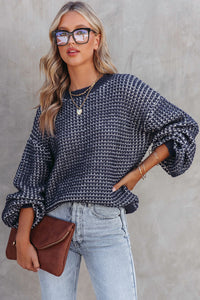 Blue Heathered Knit Drop Shoulder Puff Sleeve Sweater