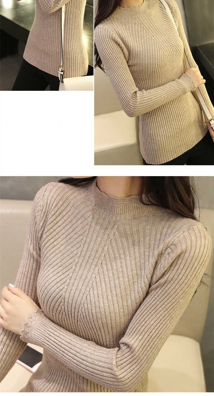 EVNISI Autumn Women Mock Neck Ruffles Sweater Long Sleeve Knitted Bottoming Solid Pullovers Stripe Women Casual Sweater Winter