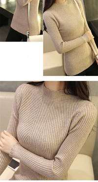 EVNISI Autumn Women Mock Neck Ruffles Sweater Long Sleeve Knitted Bottoming Solid Pullovers Stripe Women Casual Sweater Winter