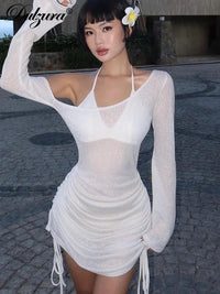 Dulzura Solid Skew Collar Ruched Straps Lace-Up See Through Draw String Mini Dress 2023 Summer  Women Party Clubwear Wholesale