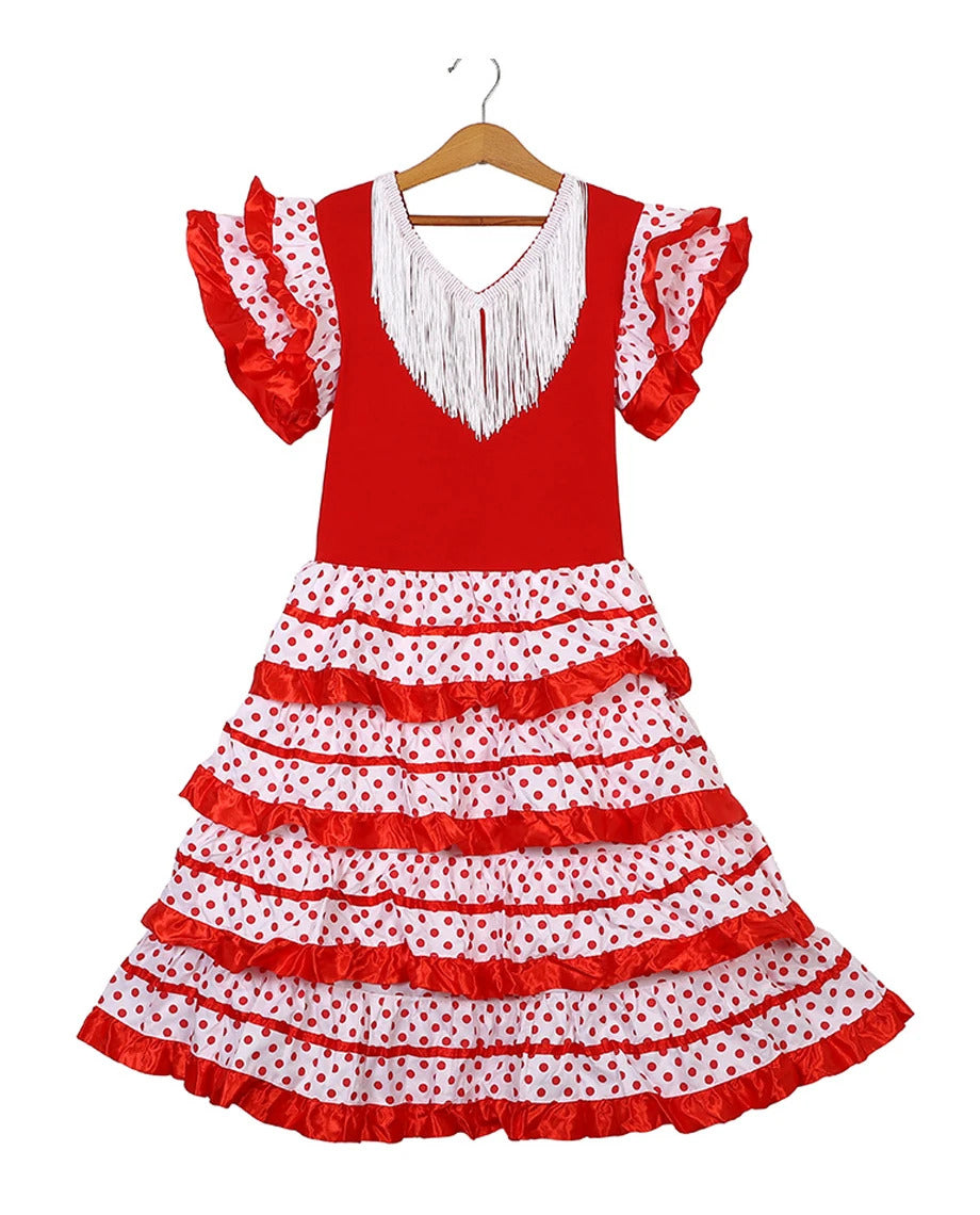 Dress Women 2024 Europe America Short Sleeve Midi Dress Traditional Spanish Dance Dress For Girls Festival Tassel Dot Dress