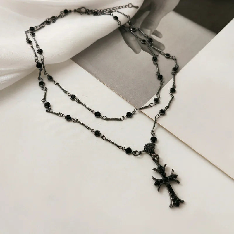 Hiphop/Rock Cross Alloy Layer Necklaces For Women Punk Black Metal Crystal Necklace Party Birthday Daily Trendy Jewelry