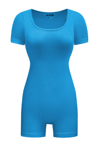 Sky Blue Ribbed Square Neck Short Sleeve Athleisure Romper