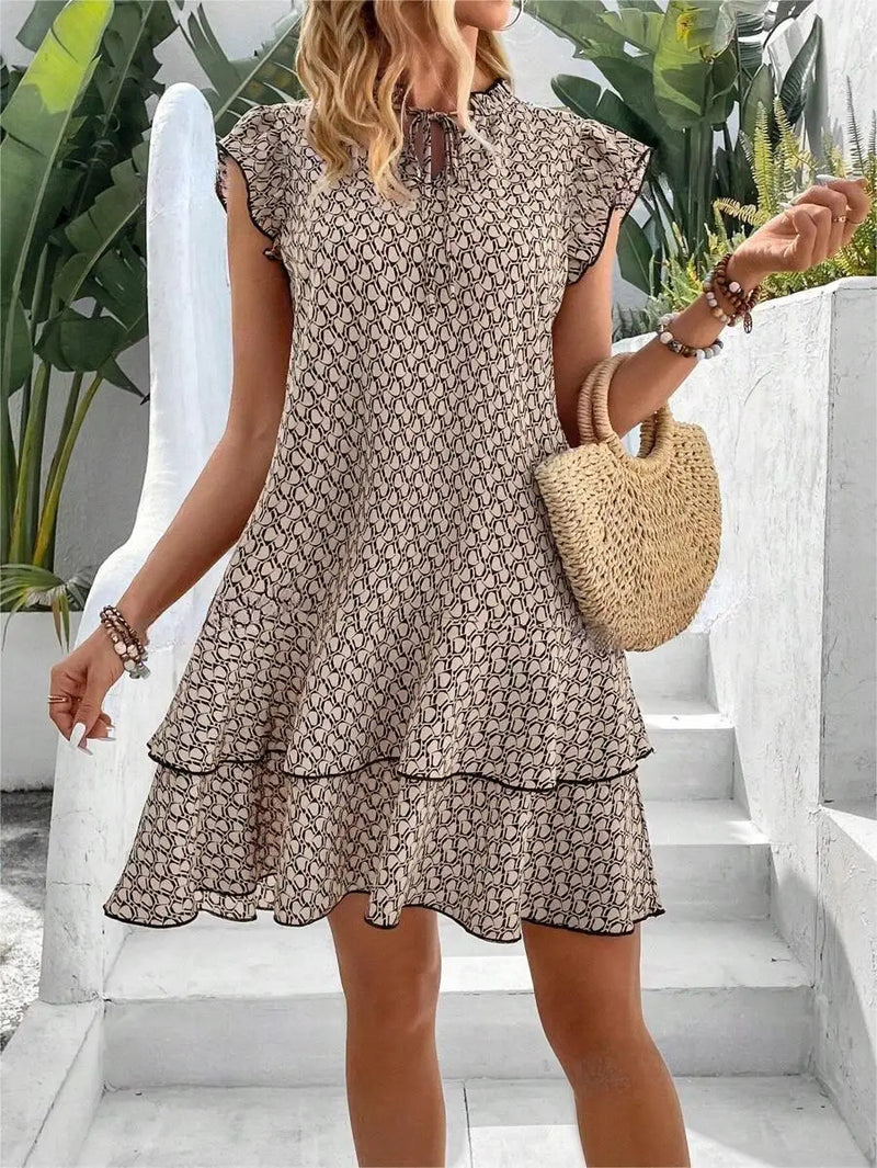 2024 Elegant Women's Casual Loose Ruffle Mini Dress Bohemian Printed V-neck Lace-up Small Flying Sleeve Dresses For Women