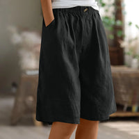 Women's Fashion Solid Color Pants Pocket Button Up Capris Loose Elastic Waist Cotton Linen Shorts