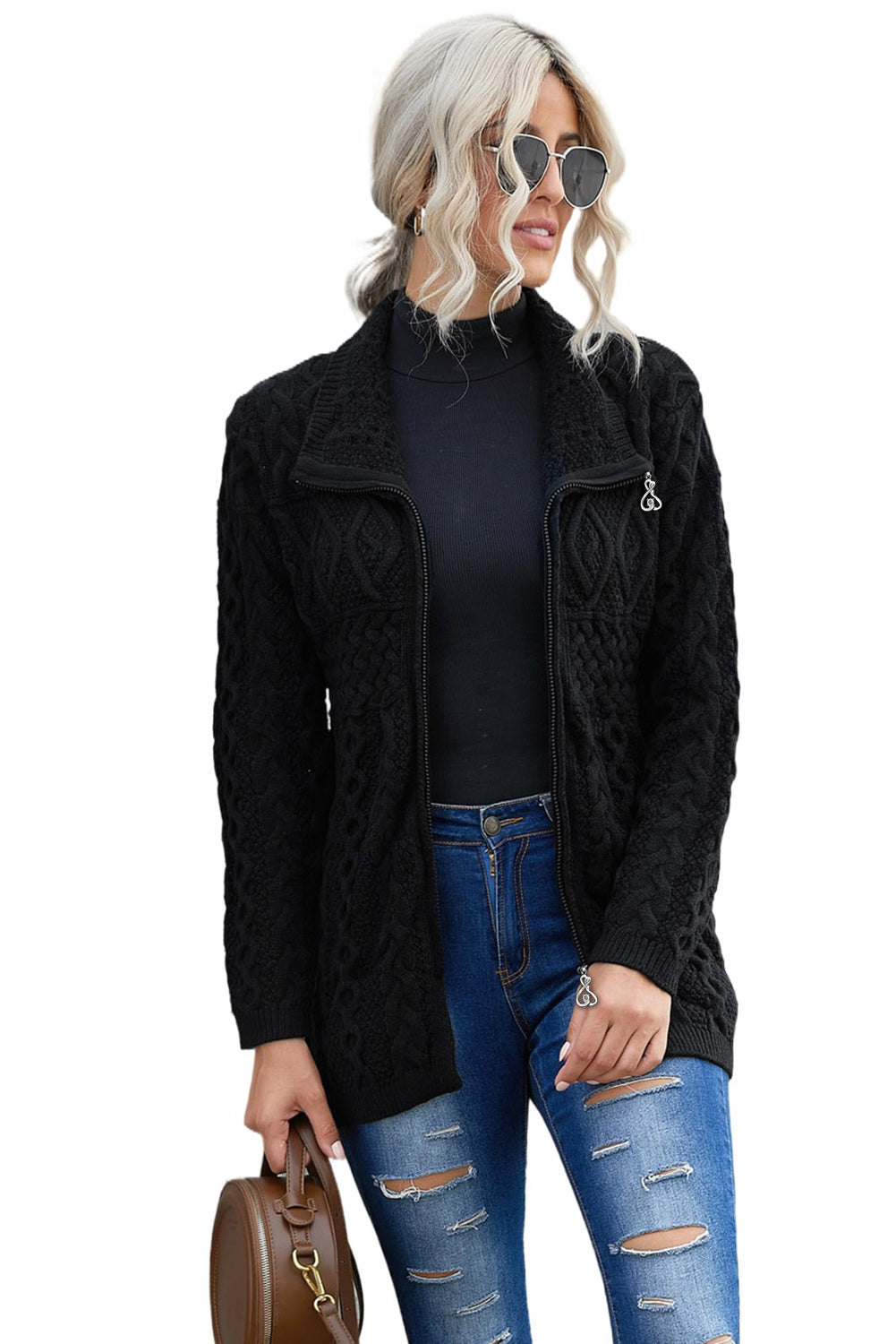 Black Zip-up Open Front Knitted Sweater