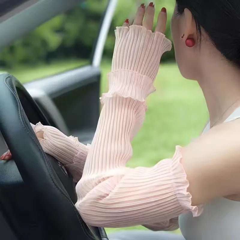 Elegant Summer Lace Sleeve Sun-protective Arm Cover Ice Silk Chiffon Edge Sunshade Sleeve for Women Driving Car